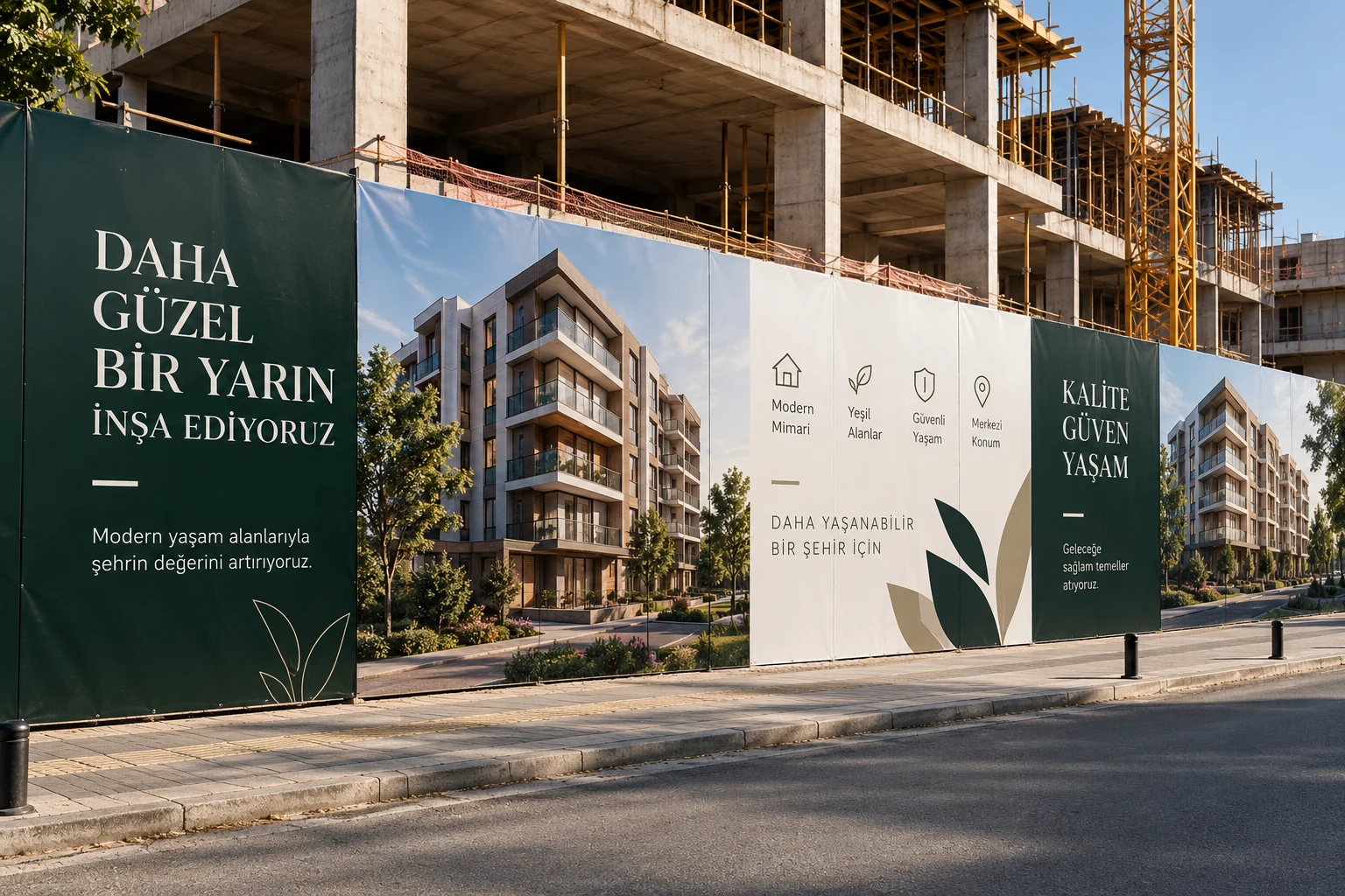 Construction site perimeter enclosed with panels featuring building images and text