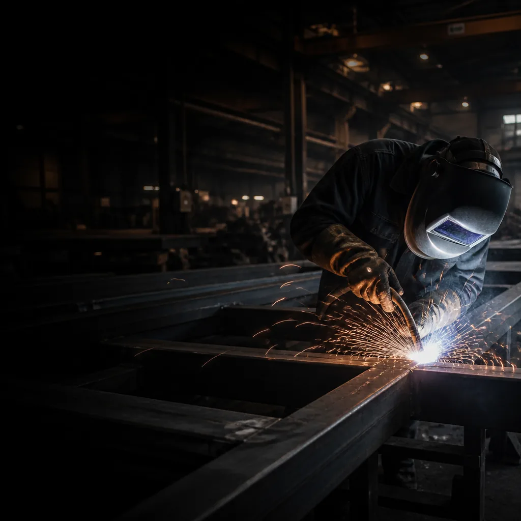 Atölyede koruyucu ekipmanla metal parçayı kaynaklayan usta